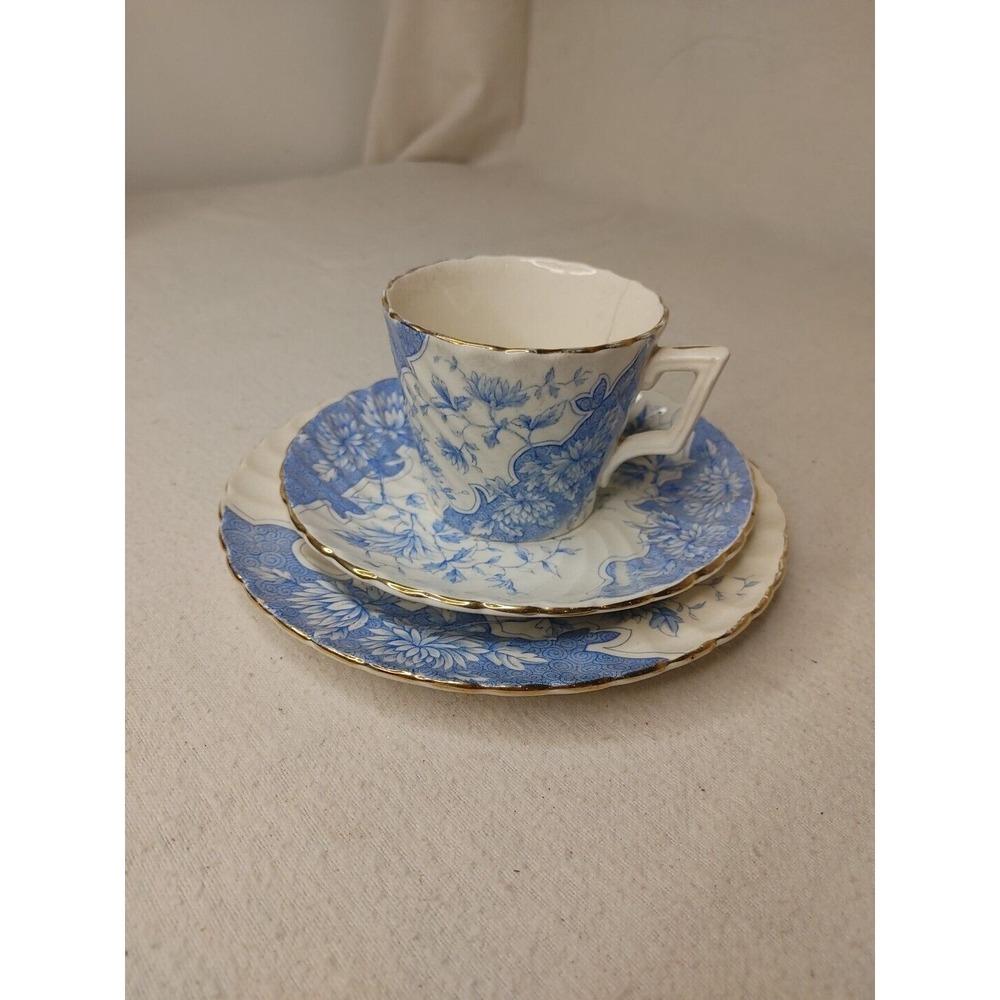 Antique Burgess & Leigh Burslem Cup, Saucer & Plate, 1906-12, Blue Floral Swirl